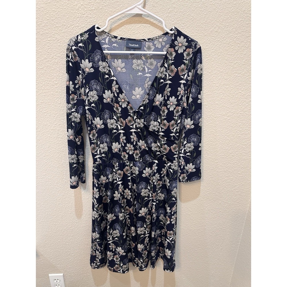 ModCloth Blue Floral Faux Wrap Skater Dress Sz L Office Feminine Casual Garden
